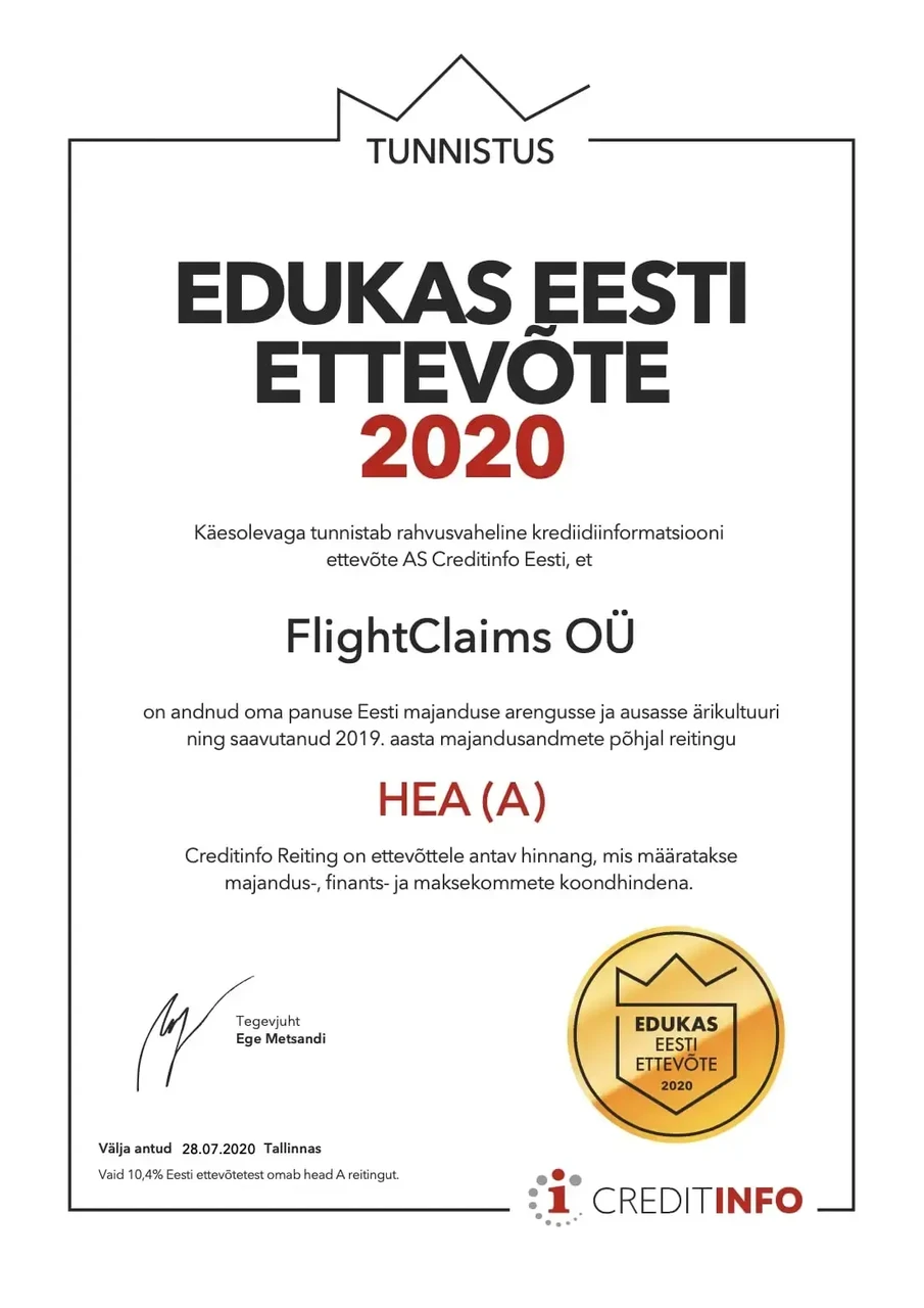 FlightClaims OÜ – Edukas Eesti Ettevõte 2020 sertifikaat, väljastanud CreditInfo Eesti.