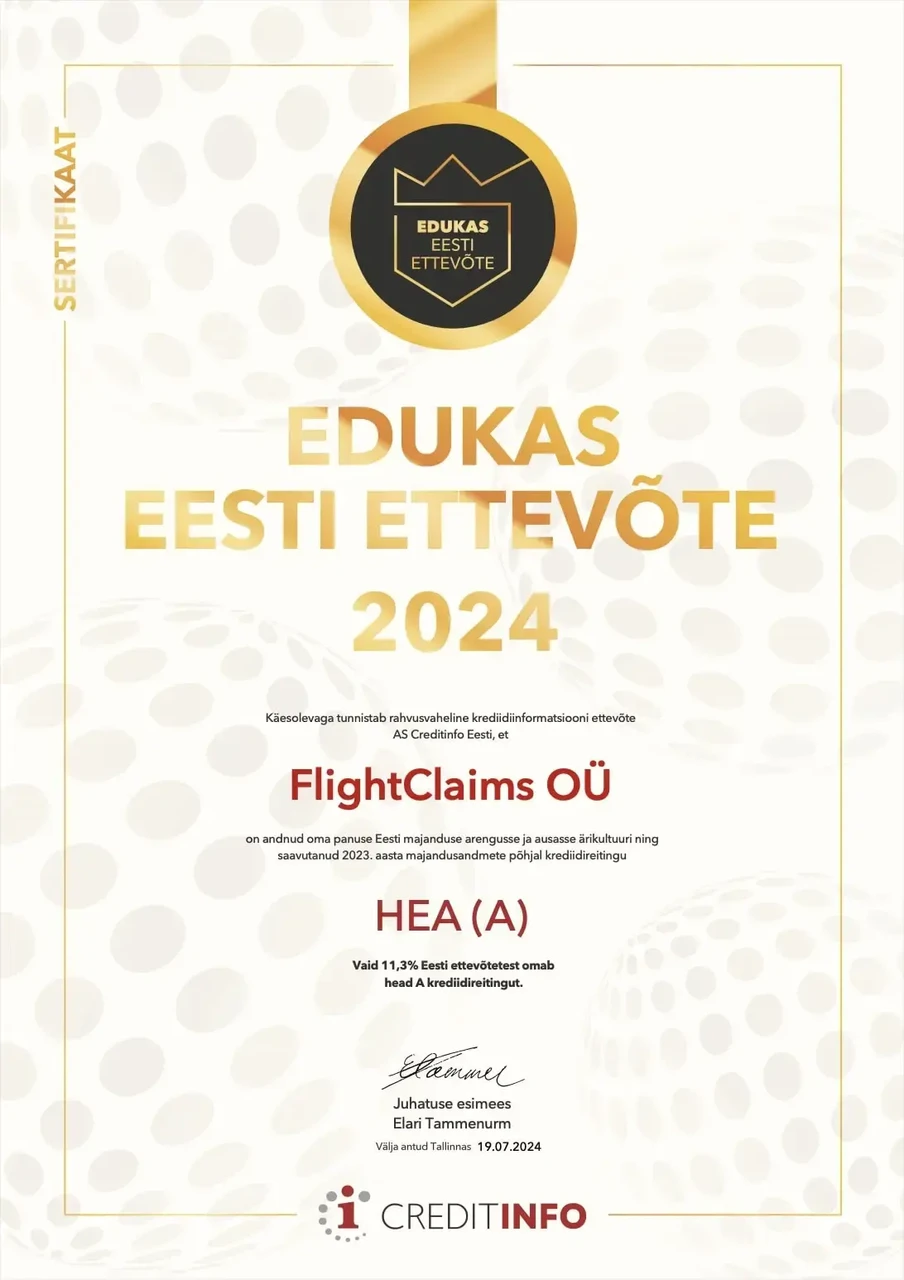 FlightClaims OÜ – Edukas Eesti Ettevõte 2024 sertifikaat, väljastanud CreditInfo Eesti.