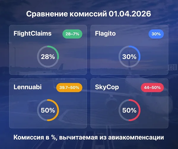 Сравнение комиссий 01.04.2026 – FlightClaims удерживает наименьшую комиссию до 28 % по сравнению с Flagito, Lennuabi и SkyCop.