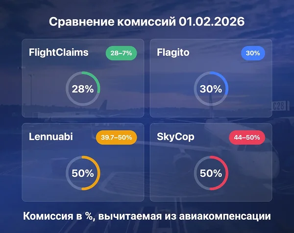 Сравнение комиссий на 01.02.2026 – FlightClaims удерживает наименьшую комиссию до 28 % по сравнению с Flagito, Lennuabi и SkyCop.