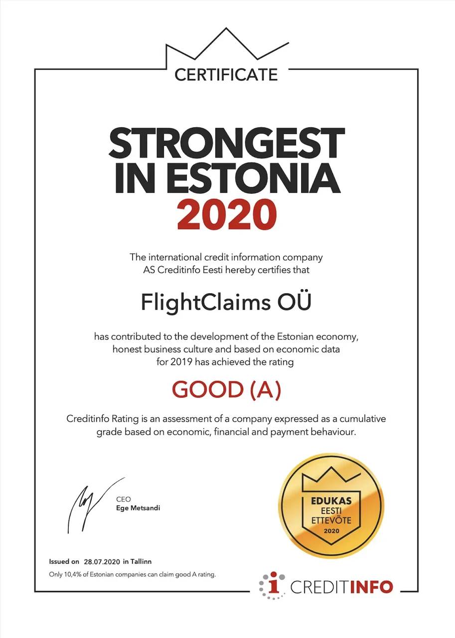 FlightClaims OÜ – Successful Estonian Company 2020 certificate, issued by CreditInfo Estonia.