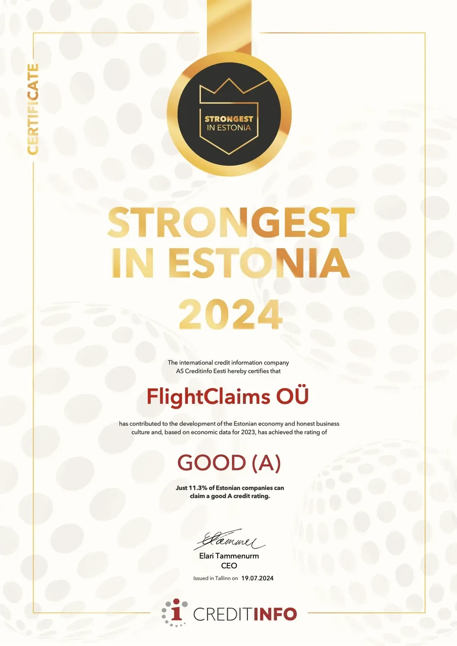 FlightClaims OÜ – Successful Estonian Company 2024 certificate, issued by CreditInfo Estonia.