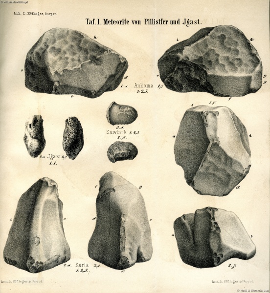 Grewingki joonised meteoriitidest. Väljavõte uurimistööst „Ueber die Meteoritenfälle von Pillistfer, Buschhof und Igast in Liv- und Kurland“ (1864)