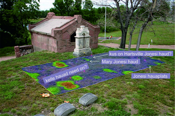 Joonis 6. Georadari profiilidest tuletatud horisontaallõige projitseeritud Hartsville Jonesi hauaplatsile (Riverside´i kalmistu, Colorado, USA). Rohelised laigud tähistavad erinevaid haudasid (allikas: Conyers, L., 2012)
