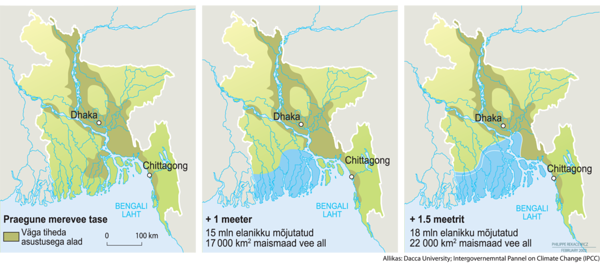 Joonis 1.  Globaalse mereveetaseme tõusu (1 m ja 1,5 m) mõju Bangladeshi pindalale (Phillipe Rekacewicz, 2008)