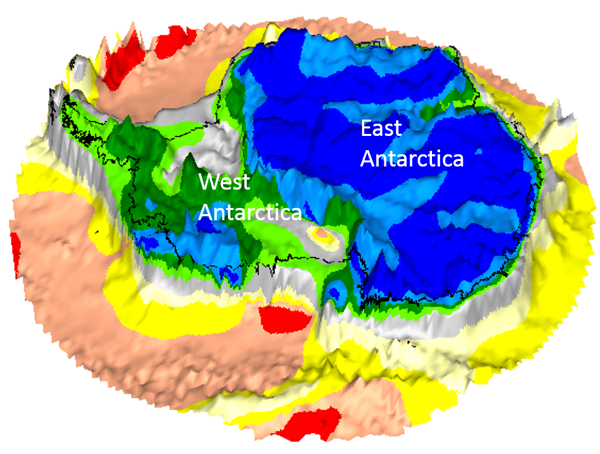 GOCE andmetel joonistatud Antarktika gravitatsioonivälja kaart. Allikas: ESA