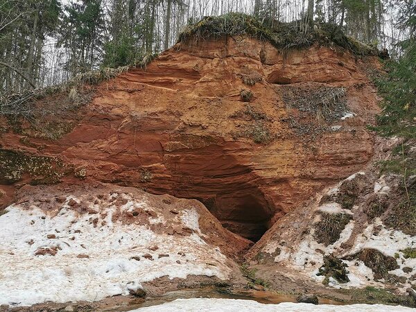 Joonis 10. Loodi põrguoru allikas. Tüüpiline Lõuna-Eesti liivakivi paljandist välja voolav langeallikas, mis on väljavoolukohta tekitanud ka väikese koopa. Foto tehtud 2021. a märtsis