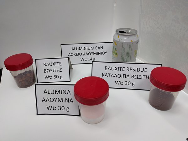 Joonis 5. Boksiidi (bauxite), alumiiniumoksiidi (alumina), alumiiniumpurgi (aluminium can) ja tekkivate jäätmete (bauxite residue) ligikaudsed proportsioonid. Koguste aluseks on võetud küsimus, kui palju toormaterjali kulub ning tekib jäätmetena ühe alumiiniumpurgi tootmisel? Autori ja Pritii Tam’i installatsioon ning foto.