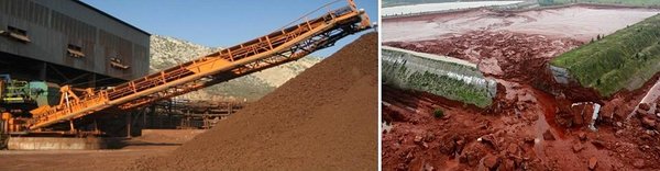 Joonis 6. VASAK - Veetustatud punane muda Kreeka tehases enne ladustamisalale paigutamist. [4] PAREM - Punase muda katastroofi põhjustanud settetiigi lagunenud vall Ungaris Ajkas aastal 2010. [5] 
