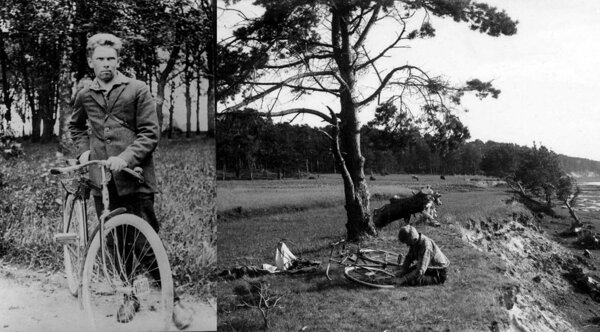 Üliõpilane Karl Orviku oma esimese jalgrattaga 1928. a. ja 1929. a. välitöid tegemas