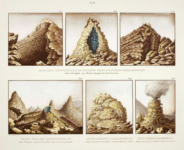 Abichi akvarell Vesuuvil avastatud aktiivsetest auru välja paiskavatest koonustest. Joonistus Itaalia geoloogiateenistuse arhiivikogust 