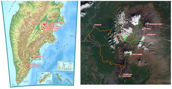 Artiklis kirjeldatud ja külastatud vulkaanide asukohad ning detailsemad kaart Kljutševskaja Sopka piirkonnast