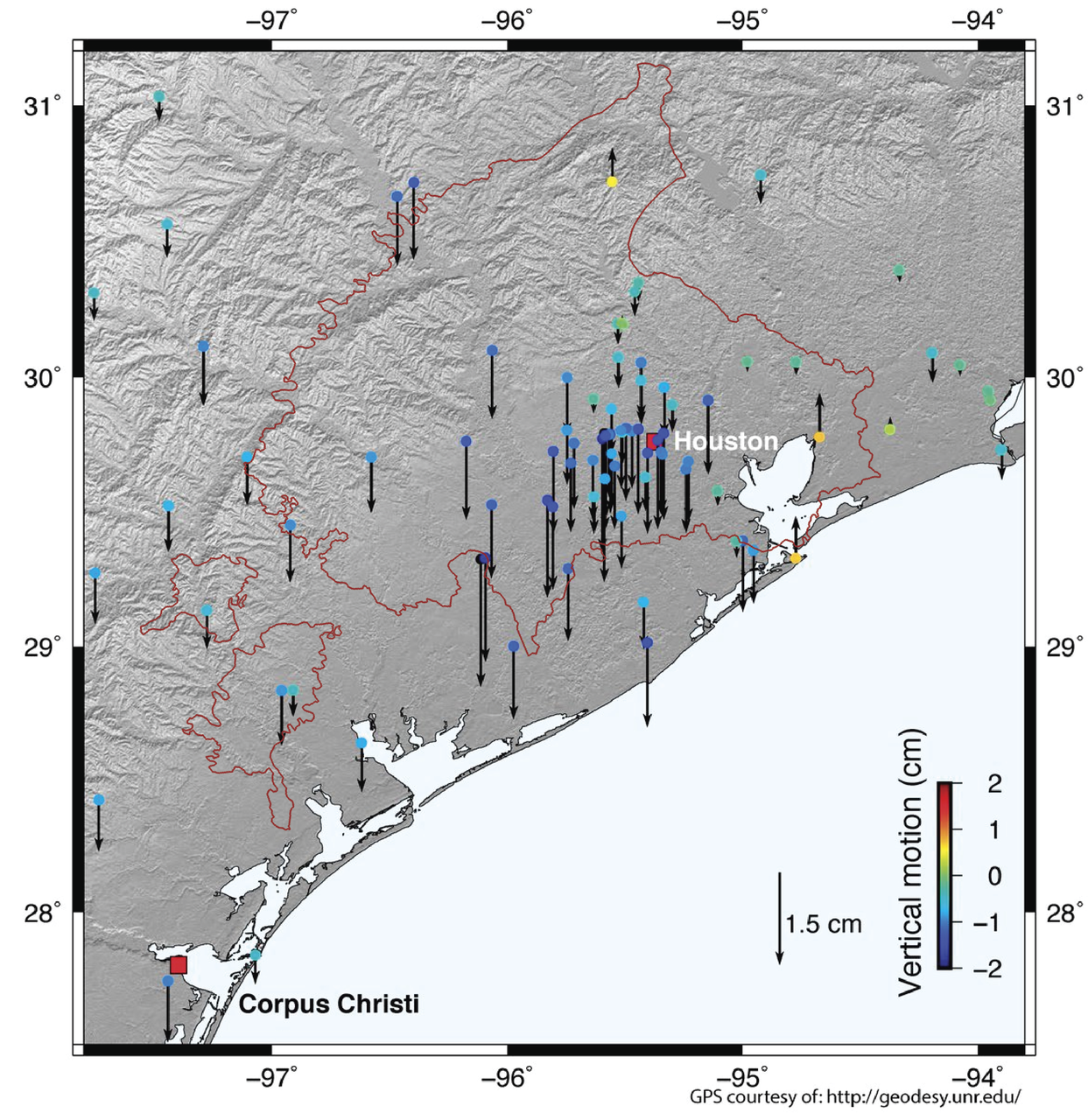 Maakoore vertikaalsed muutused Houstoni linna piirkonnas. Lisaks võrdlus Eesti pindalaga. Allikas: Chris Milliner, Twitter