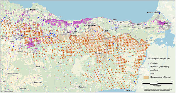 Joonis 5. Virumaa geoloogiliste puuraukude kaart (pilt E. Pukkonen, 2016). Enamus neist on puuritud põlevkivi uuringuteks (helepruun märge), kuid üksjagu ka fosforiidi (lilla märge) ja aluskorra uuringuteks (sinine märge).