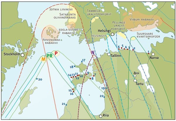 Juhträndkividel on kitsalt piiritletud, lõunasse laienevad levikuareaalid ehk levikulehvikud. Need võimaldavad selgitada liustike liikumisteid ja -suundi.Joonisel tähistab N Neugrundi bretša, M Läänemere mandelkivi, P Läänemere punase kvartsporfüüri ja PR Läänemere pruuni kvartsporfüüri lähteala. Numbritega on joonisele märgitud kivirikaste randade asupaigad, kust koguti andmeid juhträndkivide leviku selgitamisel. (Joonis: Juho Kirs, Igor Tuuling, Eesti Loodus 3/2013)