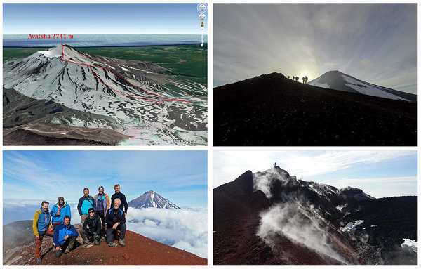 Ülal vasakul: Tõusu- ja laskumistee; Ülal paremal: Varahommikune tõus All vasakul: Grupp Avatša vulkaani tipus. Tagapool Korjatski vulkaan; All paremal: Avatša magmaga täitunud kraater