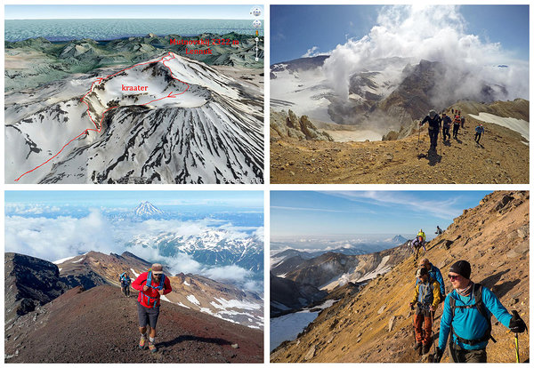 Ülal vasakul: Tipumarsruut ja laskumine kraatrisse; Ülal paremal: kraatri serval; All vasakul: Taamal Vljutšinski vulkaan; All paremal: Järsk laskumisnõlv kraatri lõunaküljel