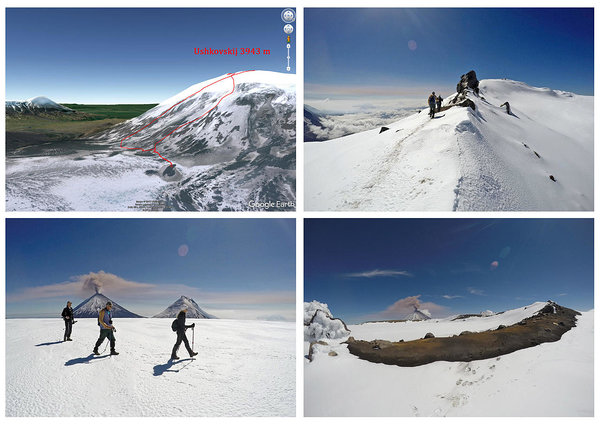Ülal vasakul: Tõusu- ja laskumistee; Ülal paremal: Eespool tipp ja paremal sügav lumine kraater; All vasakul: Lumine platoo; All paremal: Soojad piirkonnad