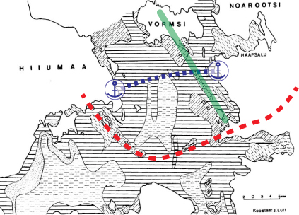 Joonis 1. Väinamere põhjasetted (Kiipli ja Lutt 1993). Täiendanud Aivo Averin. Punane katkendjoon tähistab Palivere servamoodustiste levikut Väinameres. Roheline ala märgib Rukkirahu (ja tema lähiümbruse) ning Vormsi liustiku(lõhe)list päritolu kruusasid-liivasid. Sinine katkendjoon tähistab laevateed ja sadamaid.