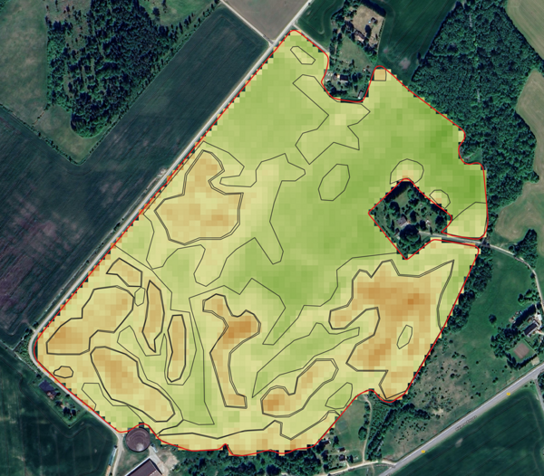 Figure 2. Example of the Farmland Damage Assessment service. Crop type: Winter Barley, field size: 36.06ha, damaged area: 9.19ha (25.49%). 