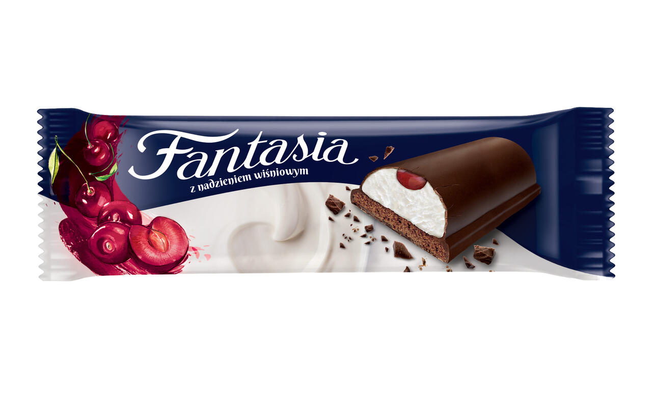 Fantasia kakaobisvkiit kakaoglasuuris, piima- ja kirsitäidisega