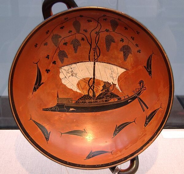 Dionysos ja delfiinid, kylix ca 530 eKr, Staatliche Antikensammlungen.