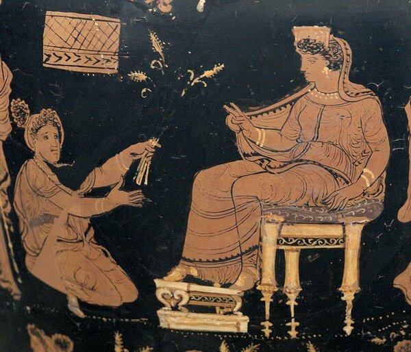 Demeter ja Metaneira, ca 340 eKr, Apuulia (Antiksammelung Berlin). Allikas: Wikimedia Commons