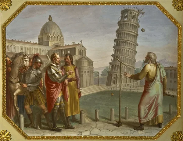 Luigi Catani "Galileo demonstreerib suurhertsogile Pisa tornist langevate kehade eksperimenti", 1816, Palazzo Pitti, Firenze.