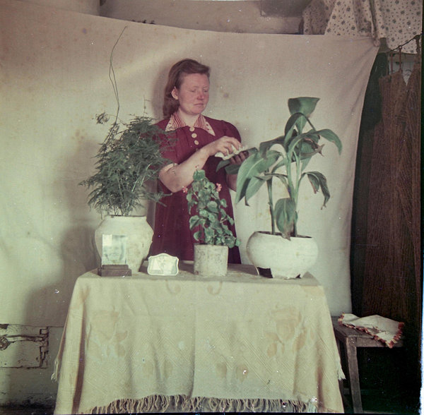 Raivo Mihkelsoo ema Siberis valge lina taustal. (Foto: R. Mihkelsoo perearhiiv/1950. aastad)