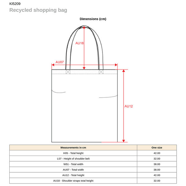 KI5209 keskkonnasõbralik tote bag - suurused