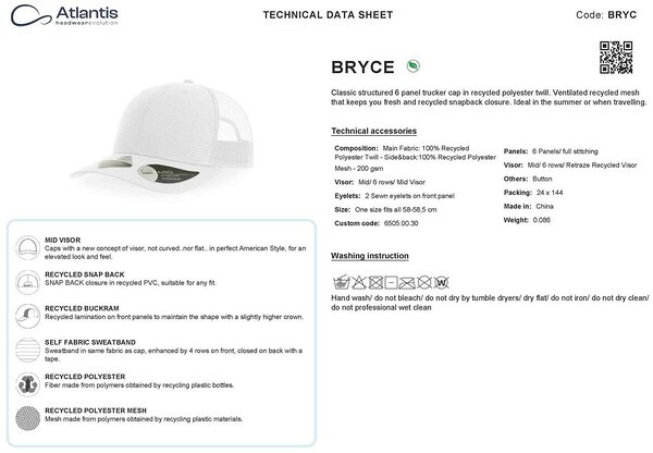 BRYCE taaskasutatud polüestrist võrguga nokamüts, tehniline info