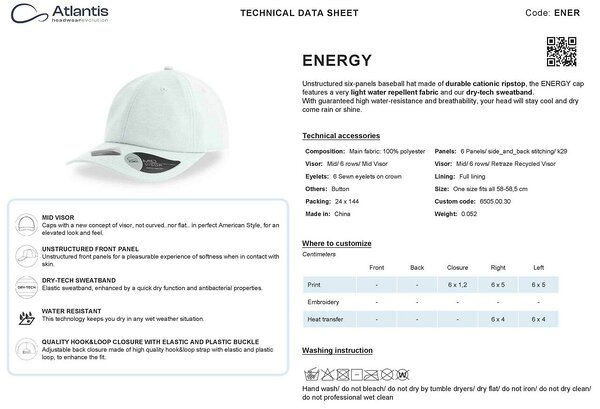 ENERGY mitmekülgne ja praktiline nokamüts, tehniline info