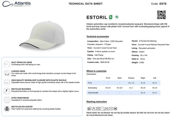 ESTORIL-S taaskasutatud kangast nokamüts, tehniline info