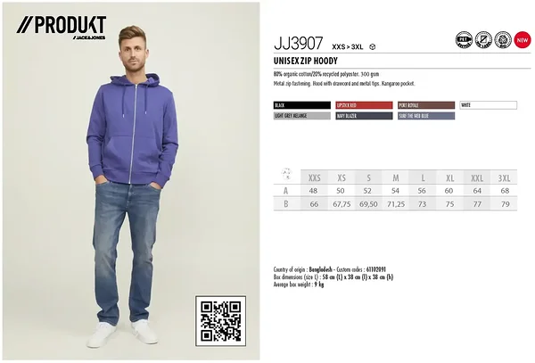 JJ3907 Jack & Jones luku ja kapuutsiga unisex pusa: tehniline info