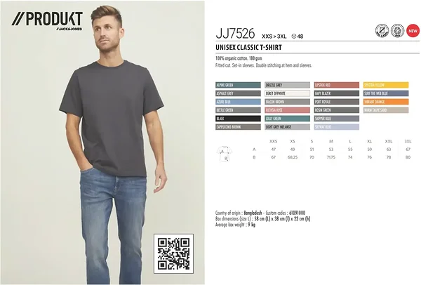 JJ7526 Jack & Jones unisex klassikaline t-särk: tehniline info