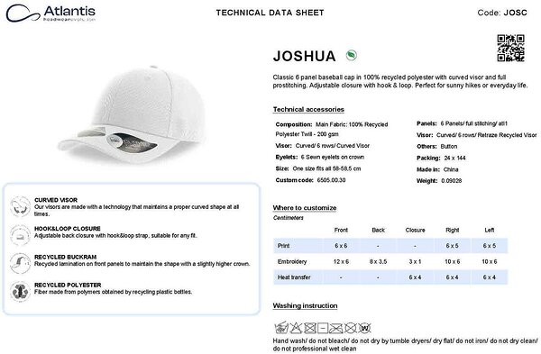 JOSHUA taaskasutatud materjalist nokamüts, tehniline info