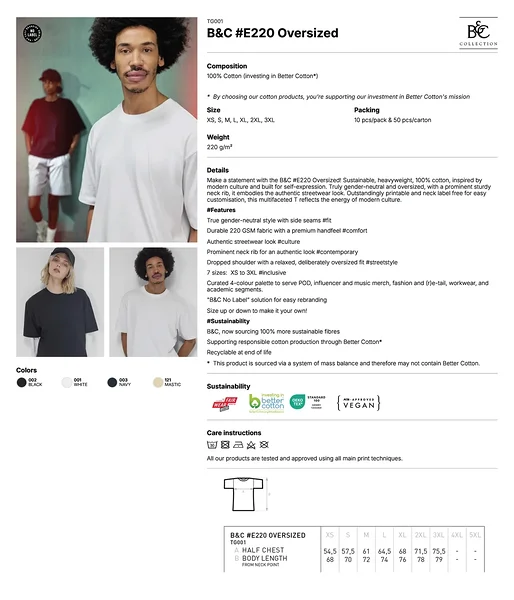 E220 OVERSIZED oversized unisex t-särk: tehniline info