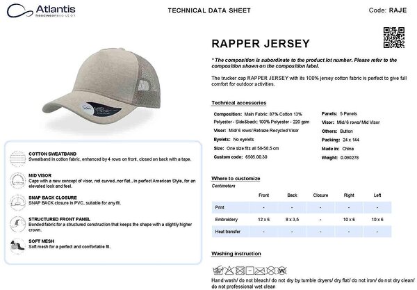 RAPPER JERSEY mõnusa kanga ja võrguga nokamüts, tehnilised andmed