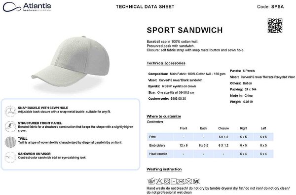 SPORT SANDWICH sportlik kontrastse äärega nokamüts, tehniline info