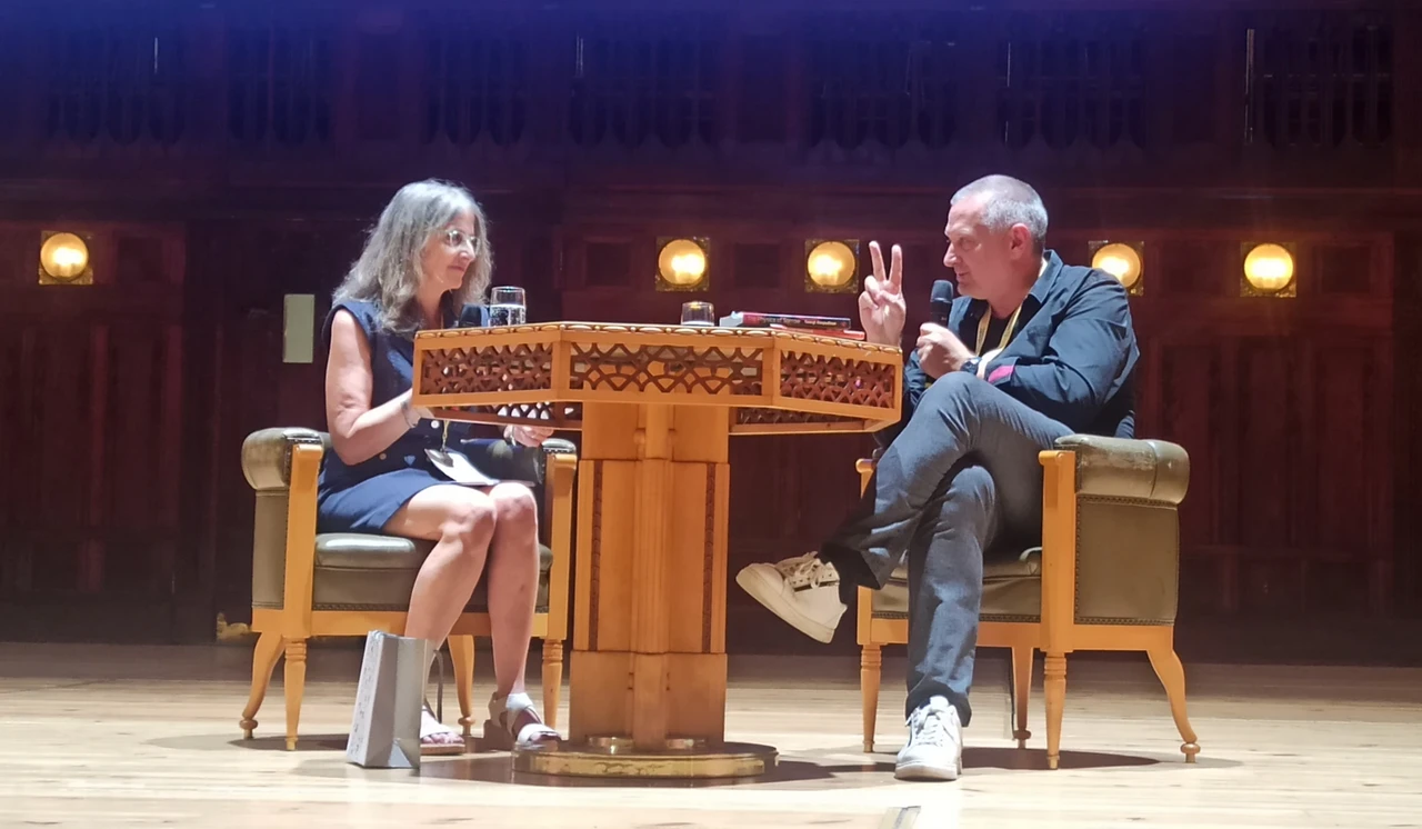 Professor Alison Landsberg and Georgi Gospodinov at the Smetana hall in Prague, 16.07.2025. Foto: Aija Sakova.
