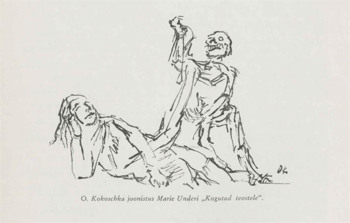 Austria kunstniku Oskar Kokoschka illustratsioon Marie Underi luuletuste koondkogule. Sulejoonistuse repro ajakirjas Mana (1958, nr 4).  Kuvatõmmis/Digar