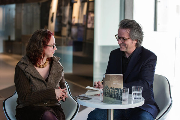 Aija Sakova interviewing German novelist Ralf Rothmann at the Museum of Occupations in Tallinn (2019).