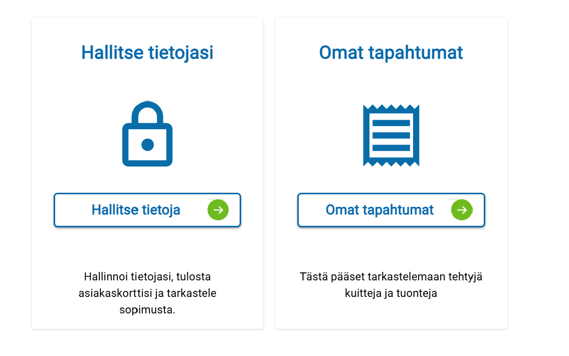 Rekisteröitymisen yhteydessä luotu asiakaskortti löytyy Hallitse tietojasi -kohdasta.