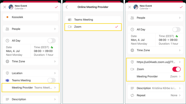 Zoomi koosoleku loomine Outlooki telefonirakenduses