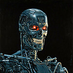 &quot;Terminator T-800&quot; Õli masoniidil, 30,3x30,3 cm. Tundus hea mõte maalida üks klassikaline portree kinoklassikust - Terminaatorist. Lisaks tahtsin end proovile panna metalli maalimisel. Saadaval.