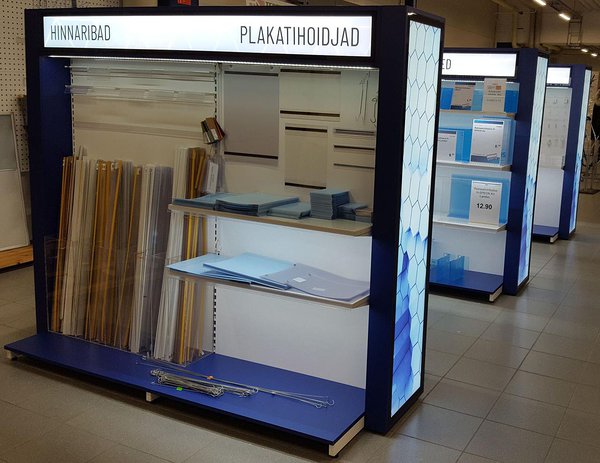 Product display stands for office supplies in Büroomaailm