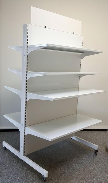Metal double sided product shelf on wheels. Shelves with adjustable height and varying depth. Can also be used one-sided