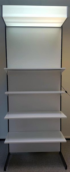 Product stand with metal shelves. Adjustable height shelves, light box for advertising