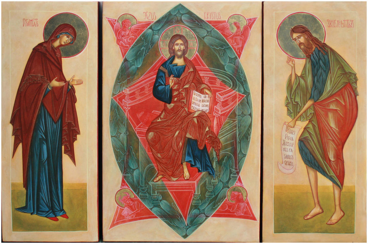Kristus Godībā  ar priekšā stāvošiem - Dievmāti un Jāni Kristītāju (47 x  32 cm) 