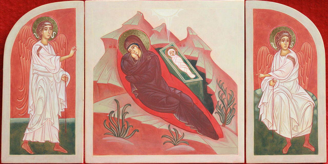 Kristus Piedzimšana ar eņģeļiem no Pasludināšanas un Sievas Mirrunesējas ainām (41,5 x 21 cm)